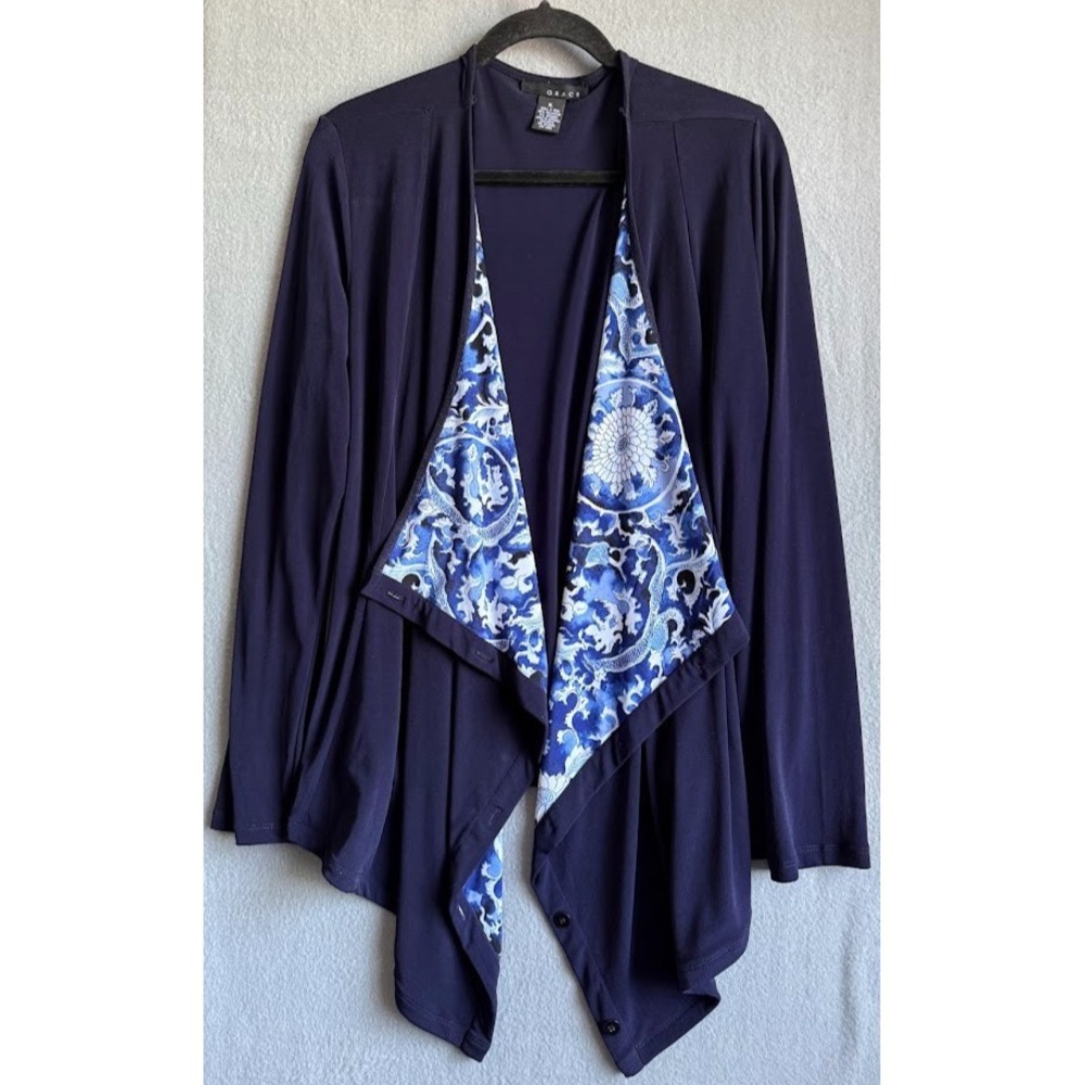 Grace Jacket Women XL Blue Long Sleeve Buttons Cardigan V Neck Open Front Tunic